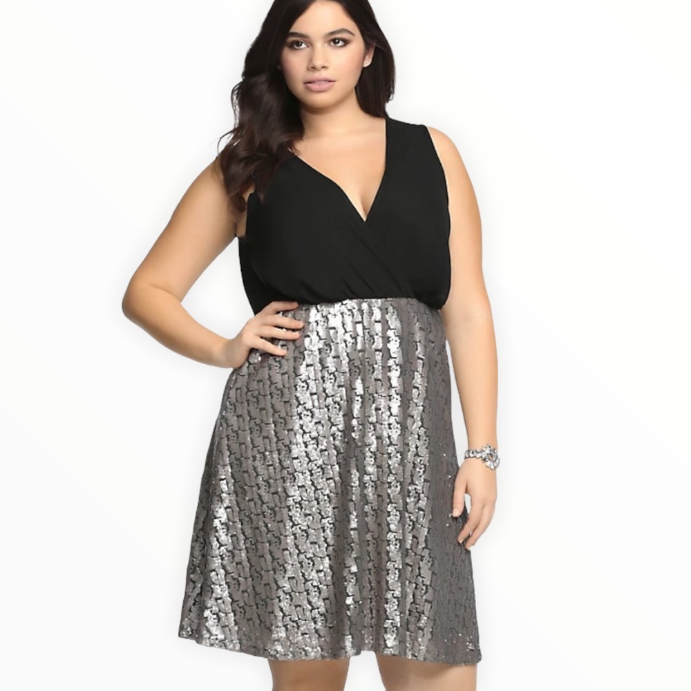 Torrid Black Silver Sequin V Neck Mini Dress